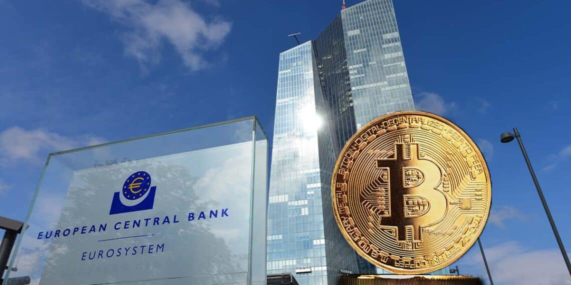 Banco Central Europeo junto a un bitcoin.