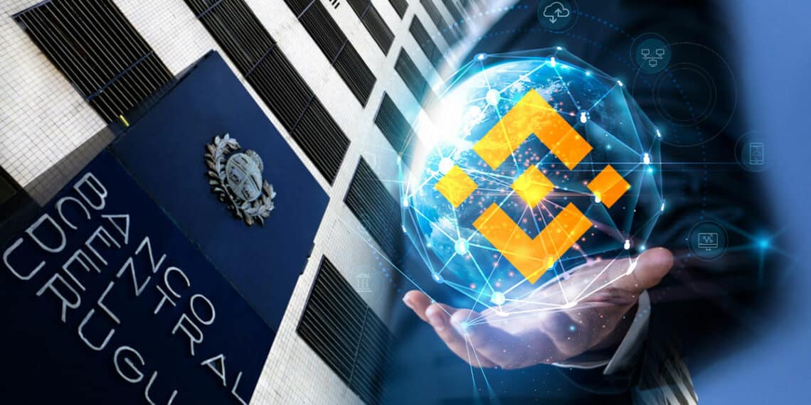 Banco Central de Uruguay y hombre sosteniendo logo de Binance.