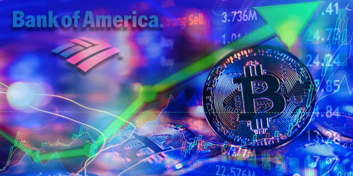 Reporte del Bank of America destaca que los BTC siguen saliendo de los exchanges. Composición por CriptoNoticias. Yingyaipumi/ stock.adobe.com; Travis/ stock.adobe.com; Bank of America/ stickpng.com