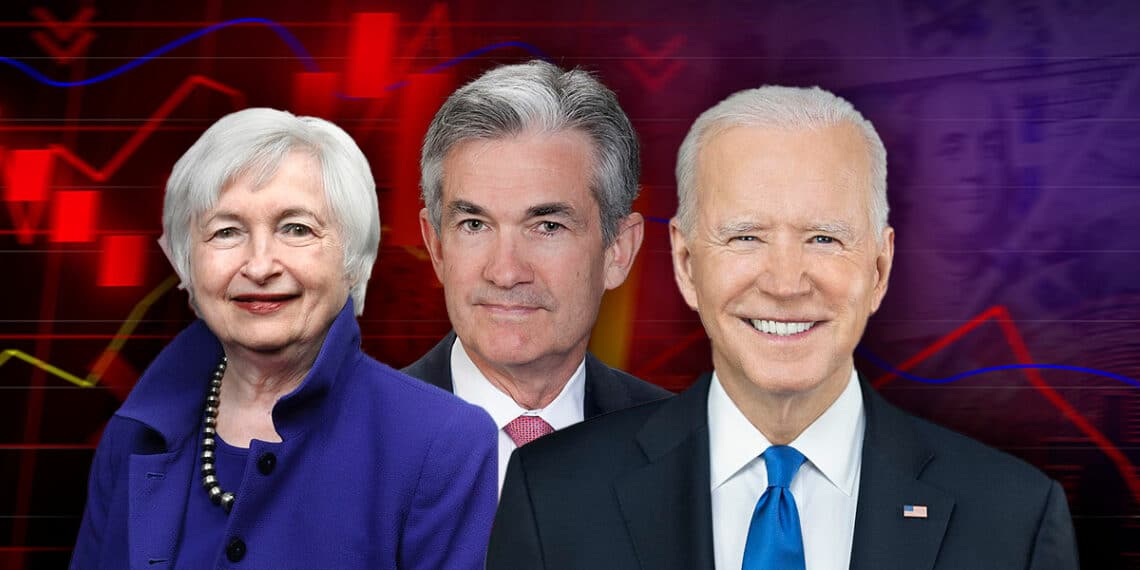 Biden, Powell y Yellen con gráficos rojos