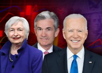 Biden, Powell y Yellen con gráficos rojos