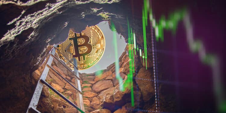 Bitcoin saliendo de agujero con gráfico verde