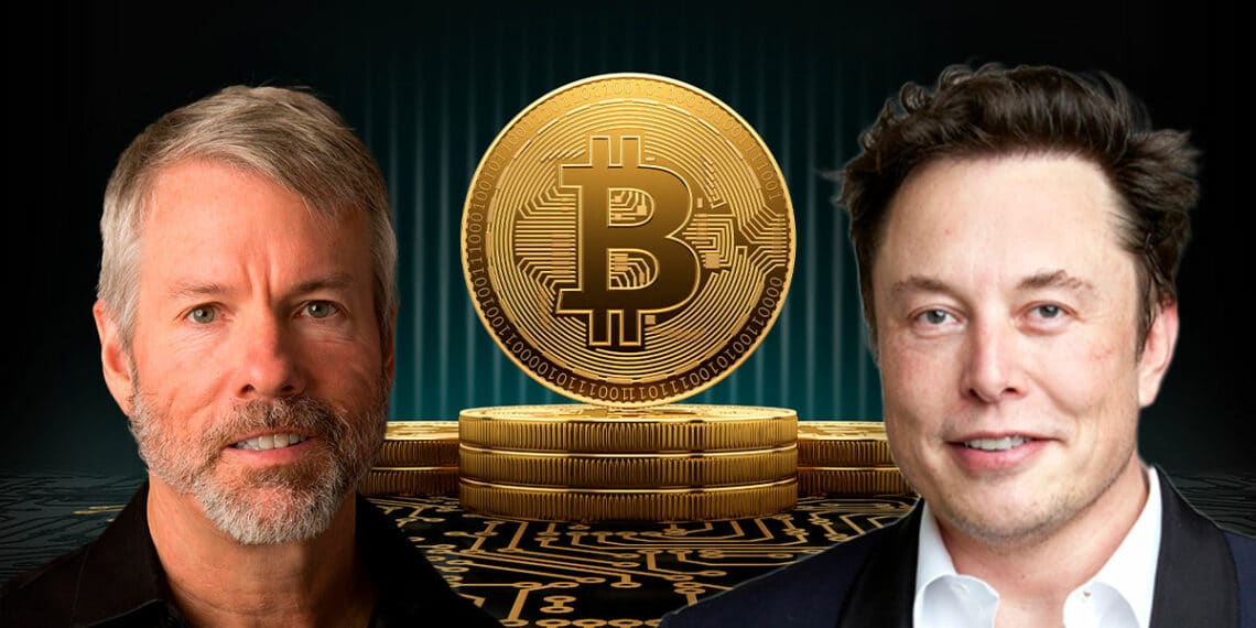 Elon Musk y Michael Saylor con Bitcoin de fondo