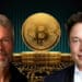 Elon Musk y Michael Saylor con Bitcoin de fondo