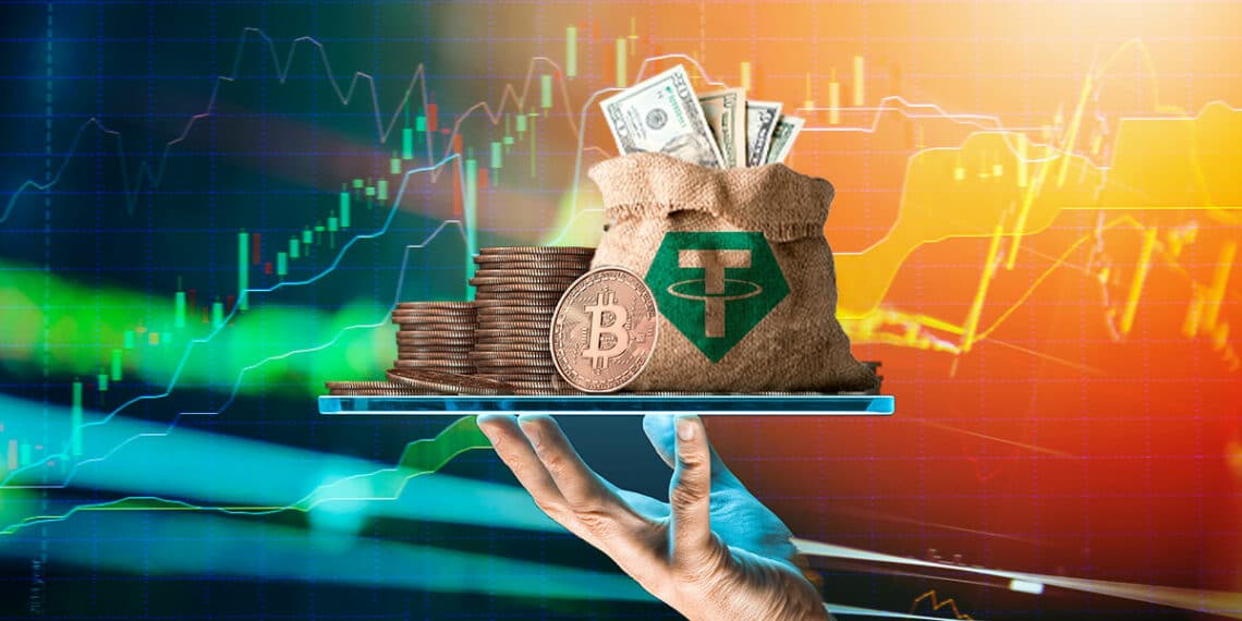 Bandeja con bitcoin, tether y criptomonedas.