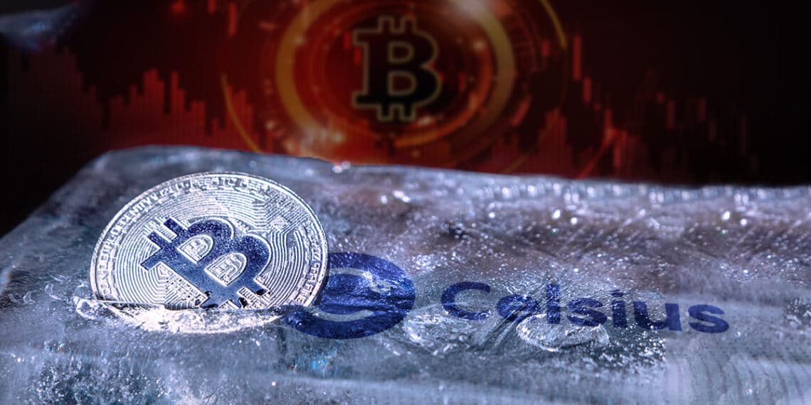 moneda de bitcoin congelada en bloque de hielo con logo de celsius y gráfico de bitcoin en caida en el fondo