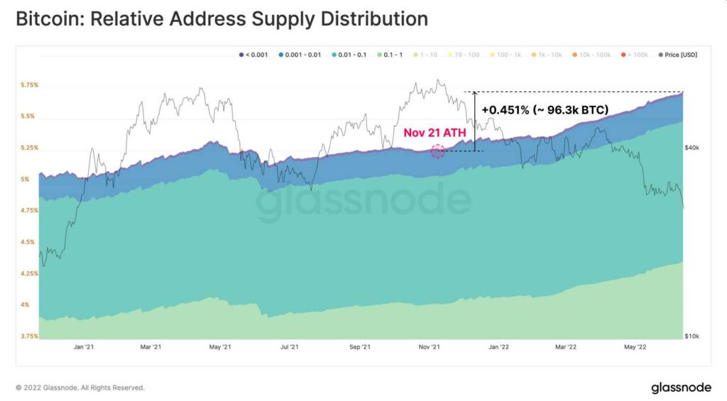 graph shows the distribution of bitcoins in addresses with less than 1 BTC