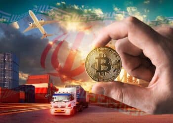 Bitcoin acompañado de la bandera de Irán en un sector de importaciones.