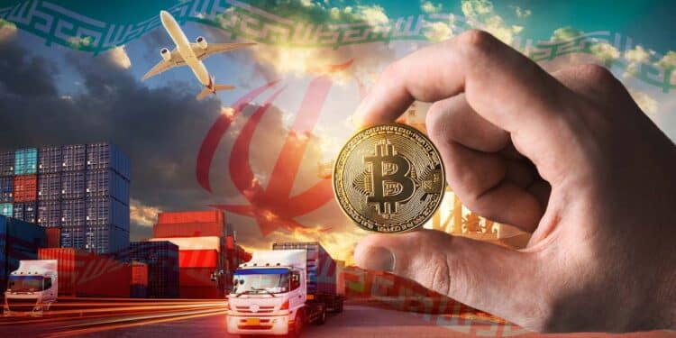 Bitcoin acompañado de la bandera de Irán en un sector de importaciones.