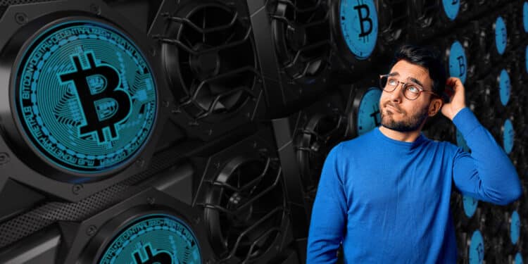 Hombre dudativo junto a unos mineros de bitcoin.