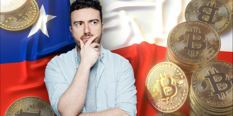 Bandera de Chile y Bitcoin con persona pensando.