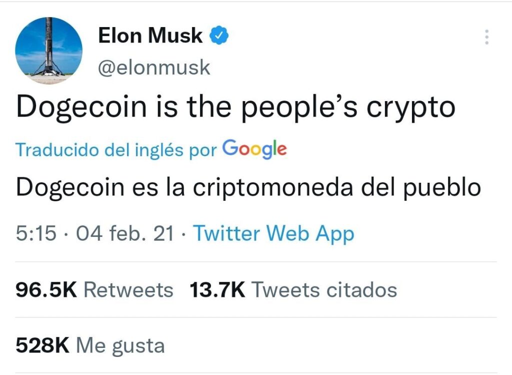 elon musk expresaba su apoyo a Dogecoin en twitter