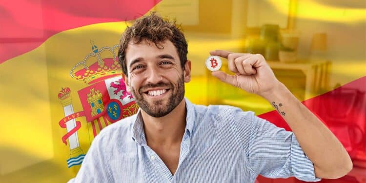 Español junto a un bitcoin acompañado de la bandera de España.