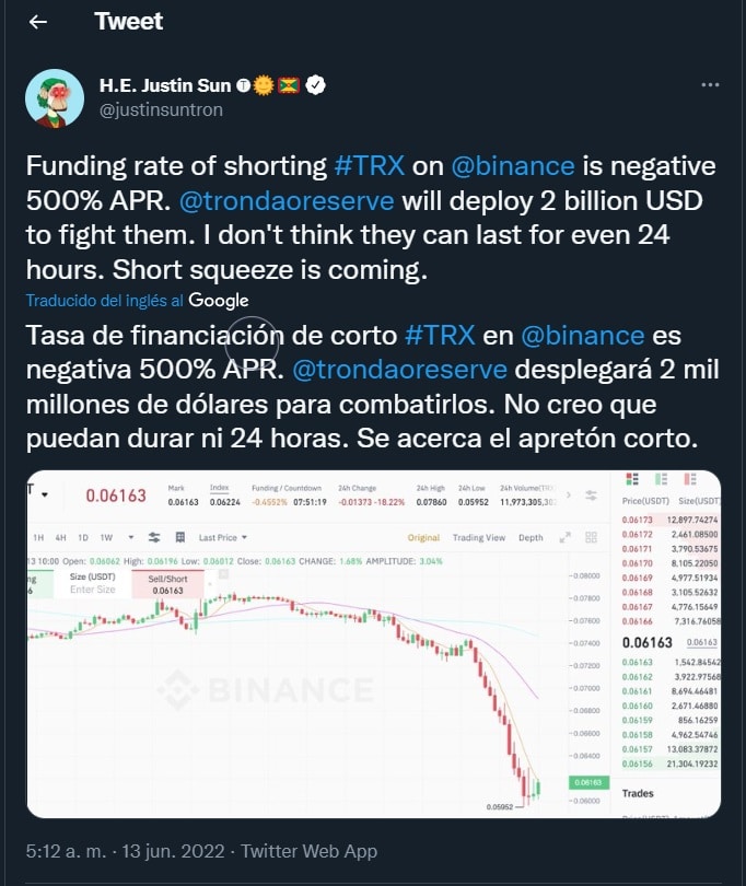 justin sun clarified in a tweet the strategy that Tron Reserve will take to fix the USDD depeg