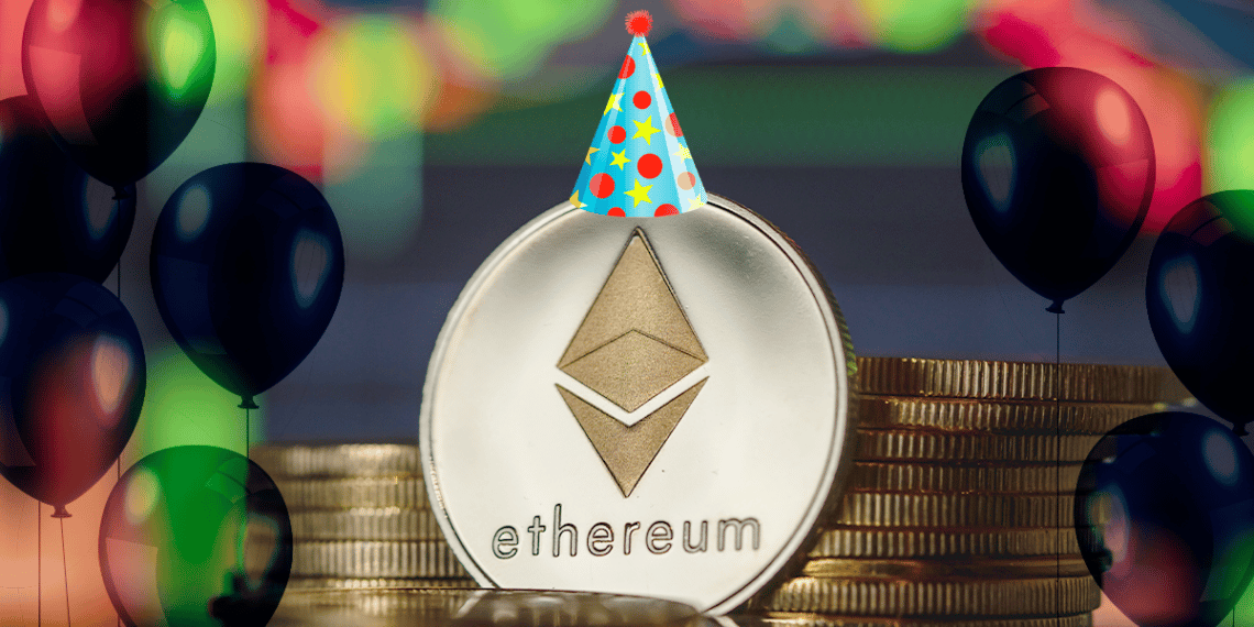 Ethereum con globos y sombrero de cumpleañito.