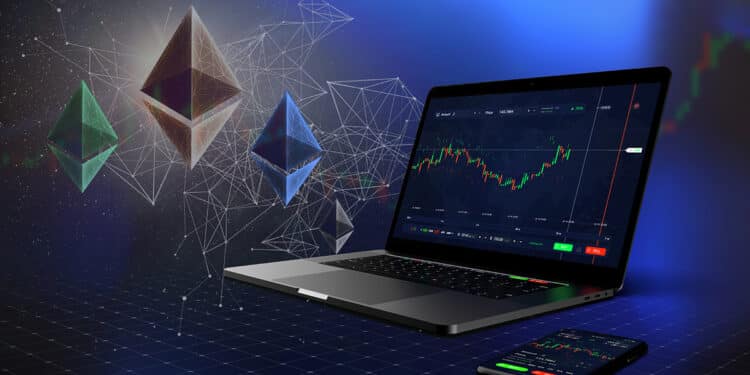 Pantalla de computadora de exchange con logo de ethereum