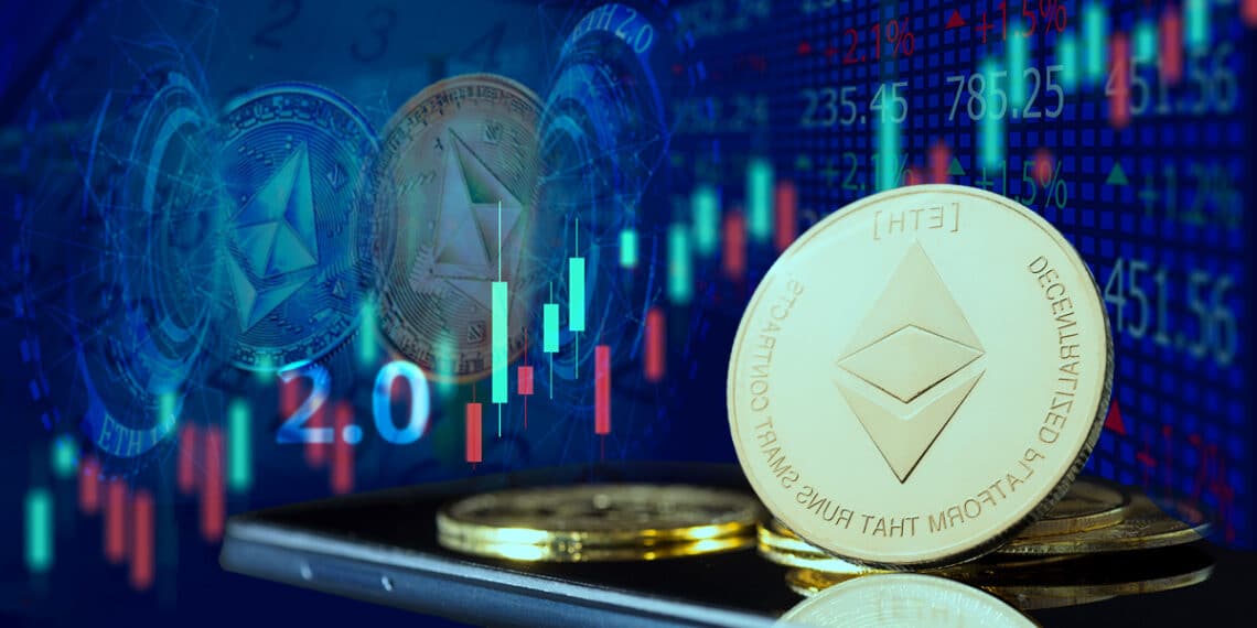 moneda de ethereum con gráfico de precio en el fondo afectado por la fusión a ethereum 2.0