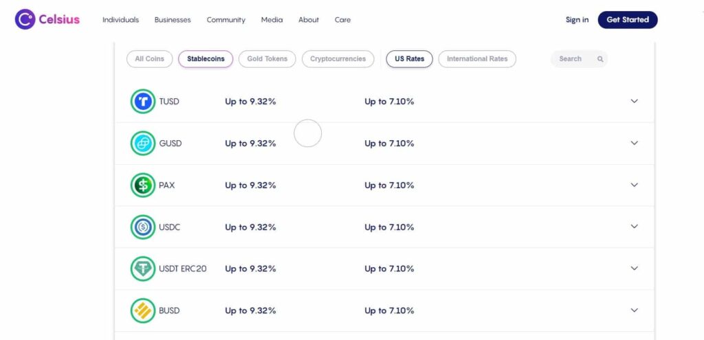 list of interests offered by Celsius according to the selected cryptocurrency