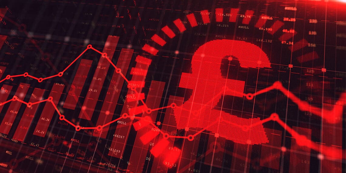 Libra esterlina acompañado de un gráfico decreciente.