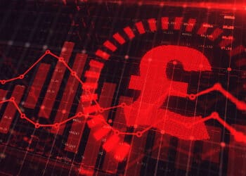 Libra esterlina acompañado de un gráfico decreciente.