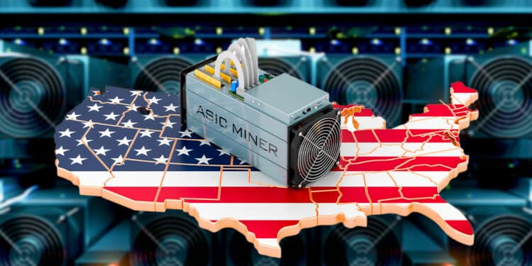 Minero ASIC sobre mapa de Estados Unidos.