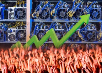 Mineros ASIC para minería bitcoin con multitud con gráfico verde