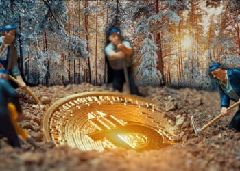 Mineros con bitcoin y paisaje invernal de fondo.