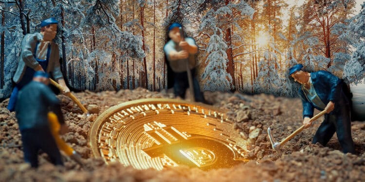 Mineros con bitcoin y paisaje invernal de fondo.