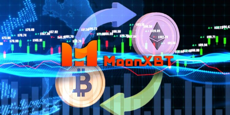 Moneda de bitcoin y otra de Ether con flechas curcas reflejando su intercambio sobre unos gráficos de precio y el logo de MoonXBT