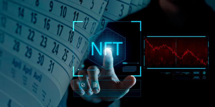 Persona seleccionando NFT con gráfico en rojo y calendario que representa trimestre en el fondo