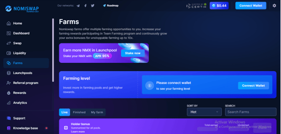 Nomiswap DEX, interfaz para farming del exchange