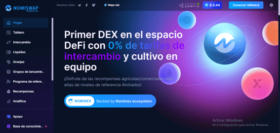 Nomiswap DEX, interfaz principal del exchange