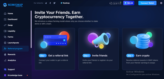 Nomiswap DEX, interfaz para referidos del exchange