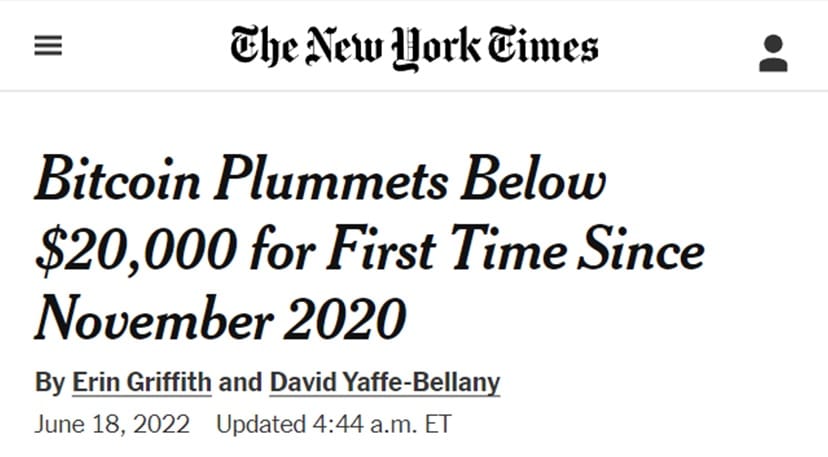 capture shows news from The New York Times in 2022 about the drop in the price of bitcoin below USD 20,000