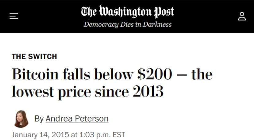 capture shows news from The Washington Post in 2015 about the fall in the price of bitcoin below USD 200