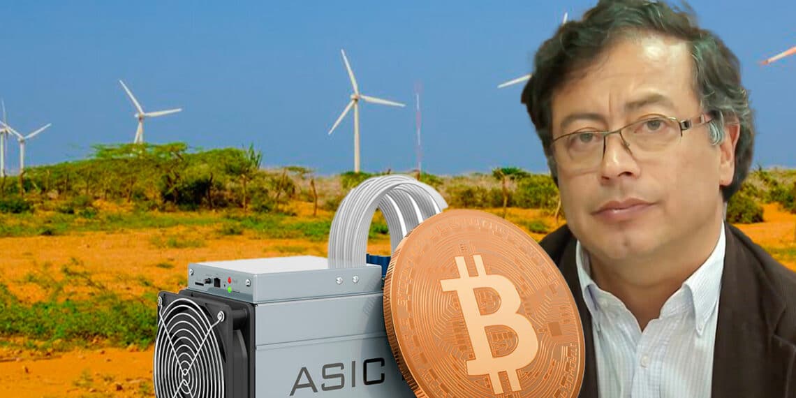 Gustavo Petro junto a un minero y un bitcoin.