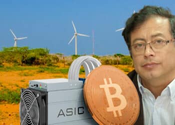 Gustavo Petro junto a un minero y un bitcoin.