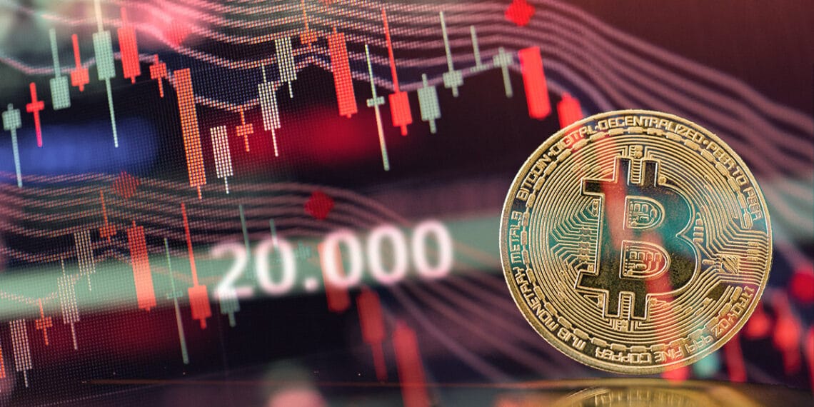 moneda de bitcoin con barras de precio rompiendo linea de soporte a nivel del precio de 20.000 dólares