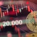 moneda de bitcoin con barras de precio rompiendo linea de soporte a nivel del precio de 20.000 dólares