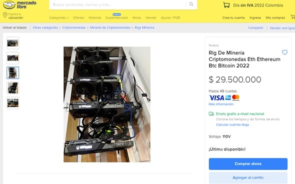 Offer in Mercado Libre for a cryptocurrency mining rig