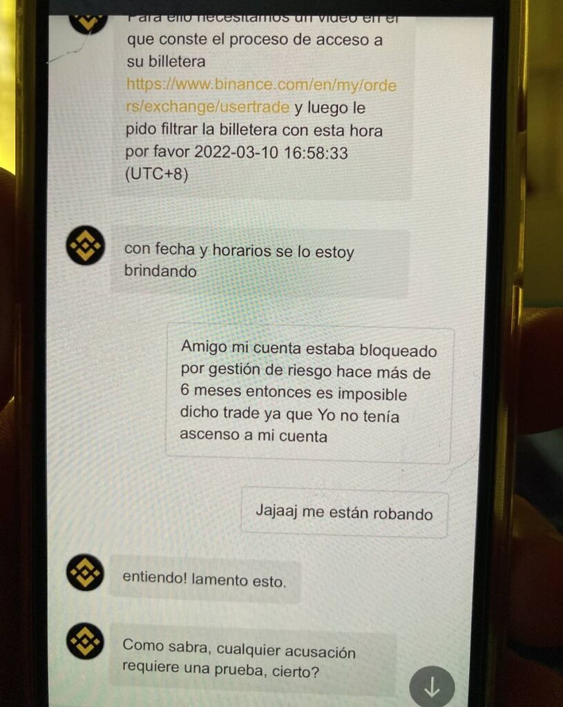 respuesta de soporte de Binance a usuario colombiano que denuncia el robo de fondos