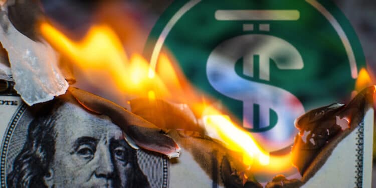 logo de usdd stablecoin de tron detrás de billete de dólar quemándose