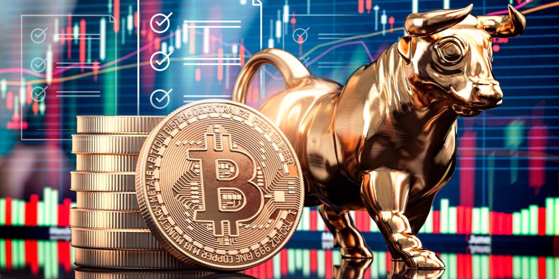 Bitcoin acompañado de un toro junto a unos gráficos de mercado.