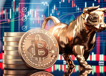 Bitcoin acompañado de un toro junto a unos gráficos de mercado.