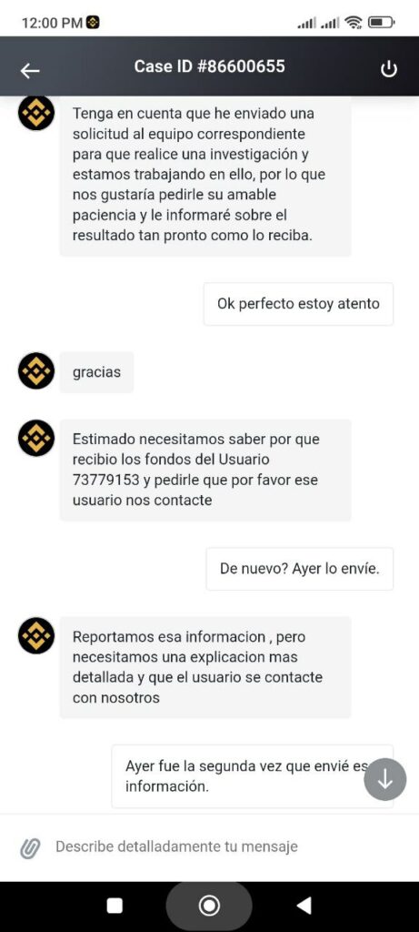 mensaje de usuario venezolano con el soporte técnico de Binance sobre el bloqueo de su cuenta y fondos