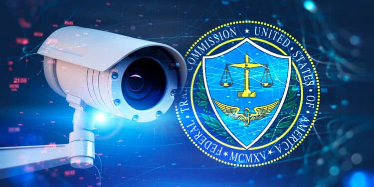 Cámara de vigilancia junto al logo de Federal Trade Commission.
