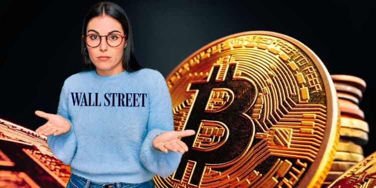 Mujer de Wall Street al lado de Bitcoin.