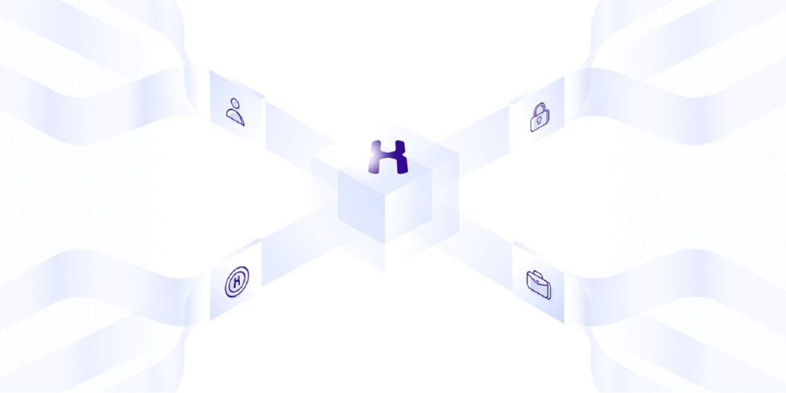Vias que convergen en un cuadrado formando una X con el logo de Human Protocol encima.