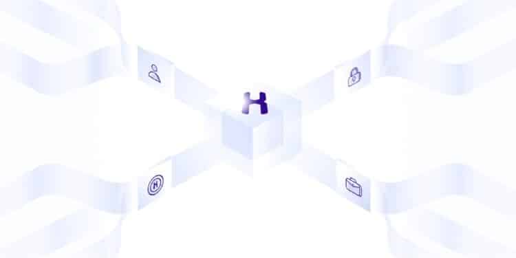 Vias que convergen en un cuadrado formando una X con el logo de Human Protocol encima.