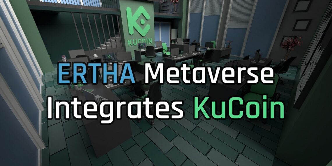 Escritorios y sillas de la oficina virtual de KuCoin en el metaverso Ertha